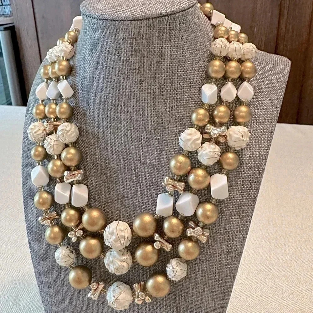 Vintage Signed Japan Gold & White Beaded Statement Necklace Multi-Strand Layered - Picture 3 of 11